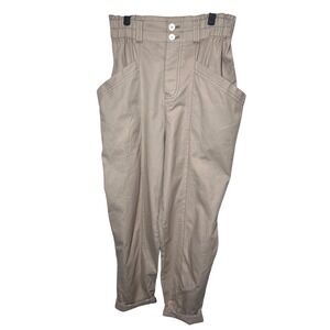 Free People Size M Khaki Tan High Rise Barrel Pants Paper Bag Waist Button Fly